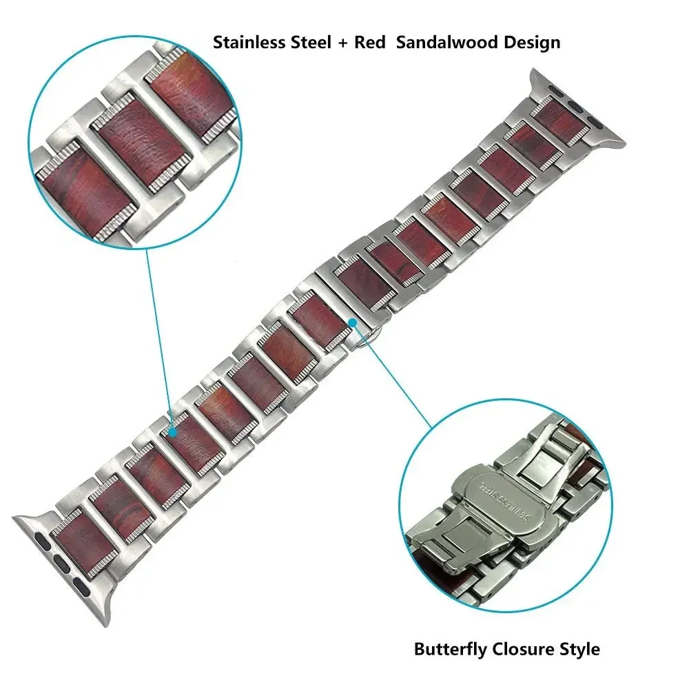 Drewniany pasek z czerwonego drzewa sandałowego do Apple Watch 10 42/46 mm ze stali nierdzewnej Ultra2 9 8 7 49 mm 45 mm 41 mm pasek iWatch 6 5 4 3 44 mm 40 mm