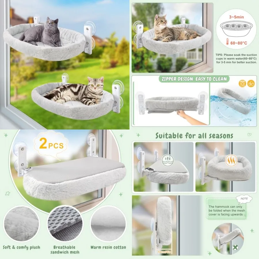 

2PCS Cat Window Perch Hammock Cordless Kitty Sunny Bed Seat Window Sill Shelf for Inside Cats Foldable Lounger with 4 Strong Su