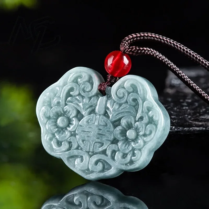 Blue Natural Myanmar Jade Flower Pendant Necklace Genuine Burmese Jadeite Stone Man Talismans Men Charm Designer Vintage Amulet