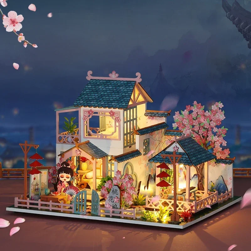 

Chinese Courtyard Cottage House Retro DIY Wooden Figurines Miniature Kits With Furniture Home Decoration For Adult Handmade Gift