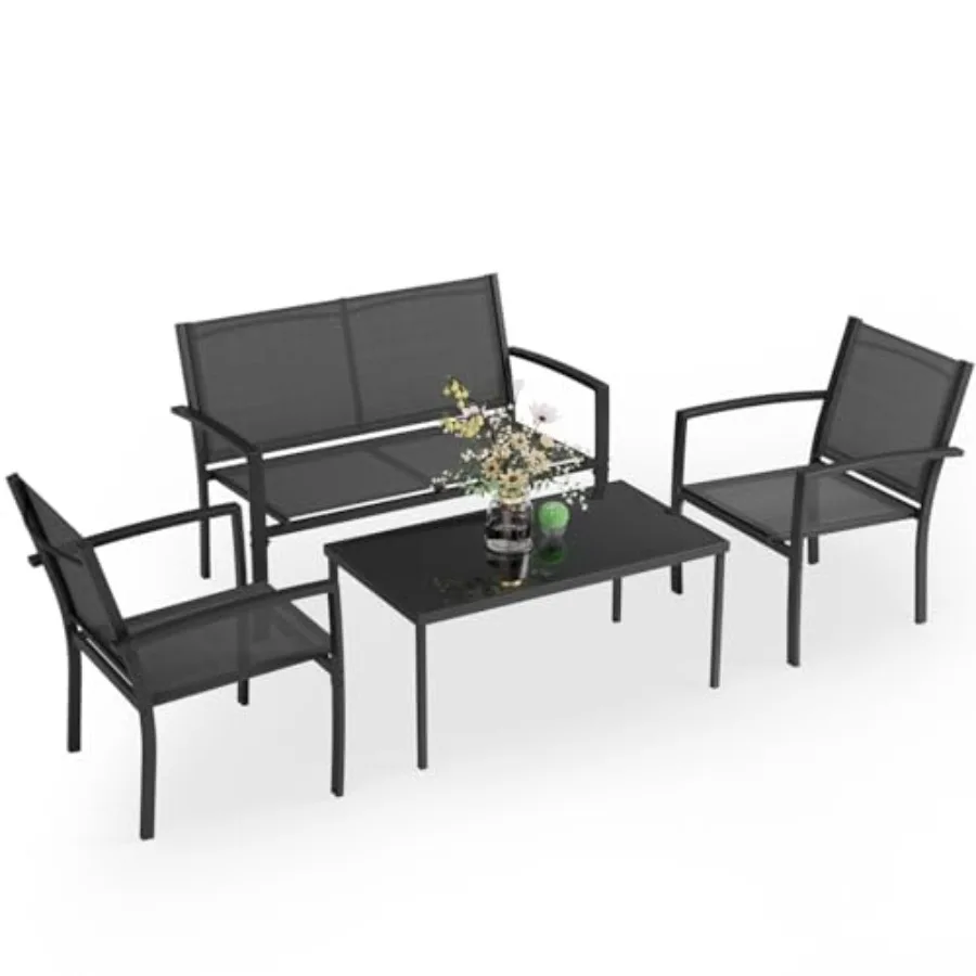 Greesum 4 Pieces Patio Furniture Set Outdoor Conversation Sets for Patio Lawn Garden Poolside with A Glass Coffee Table Black