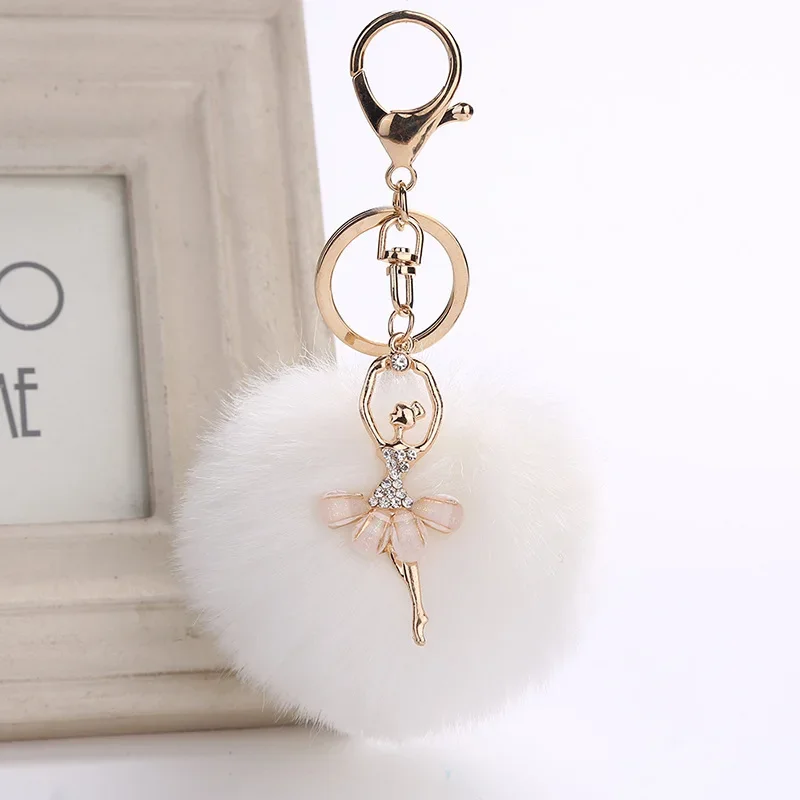 Crystal Dance Girls Pendant Keychain I Love Dancing Plush Ball Bag Charms Lovely Key Ring For Girls Women Gift