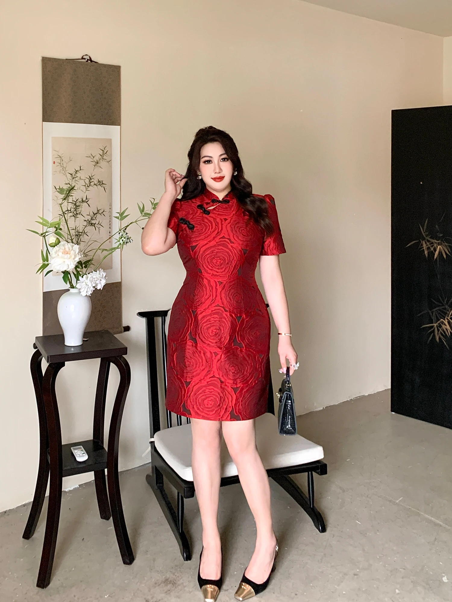 

Yourqipao Plus Size Women's Chinese Style Retro Red Jacquard Temperament Improved Cheongsam Dress Wedding Ceremont Qipao