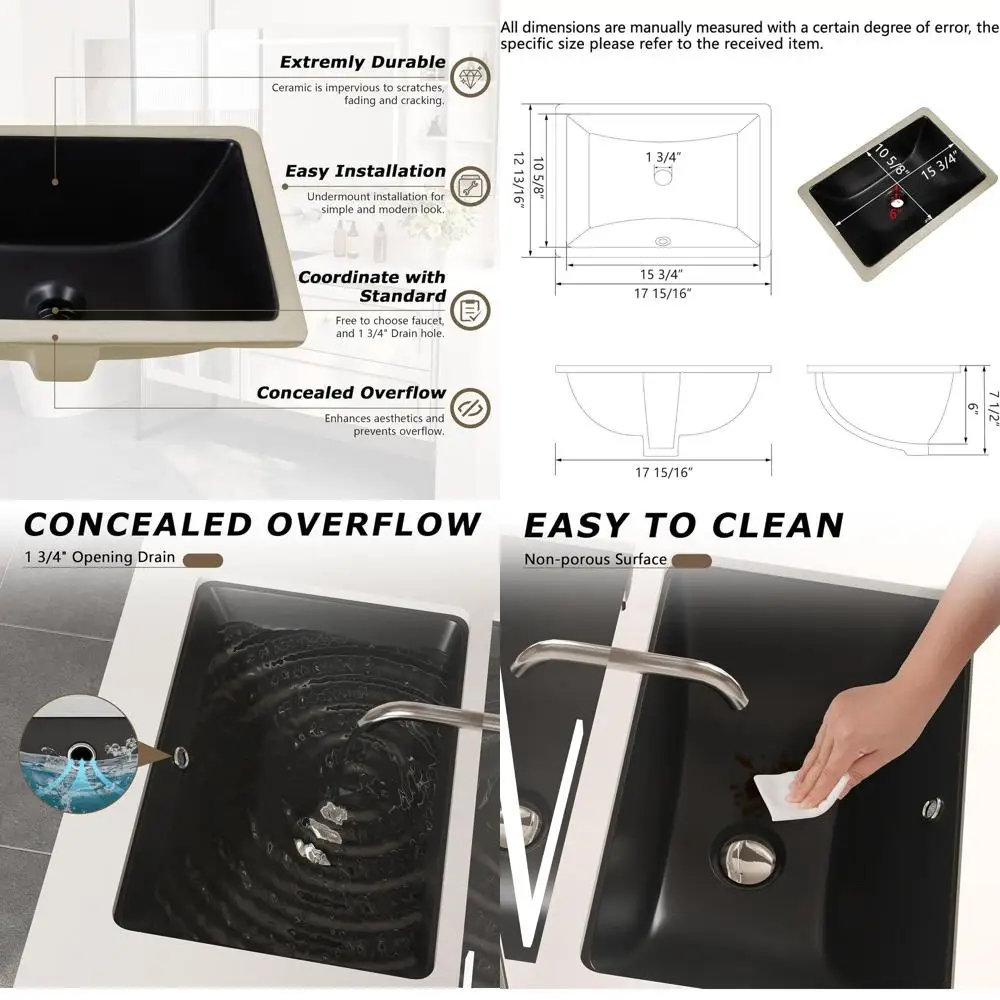 

18 x 13 Undermount Porcelain Bathroom Sink with Overflow, Deep Basin, Black Ceramic Vanity Sink