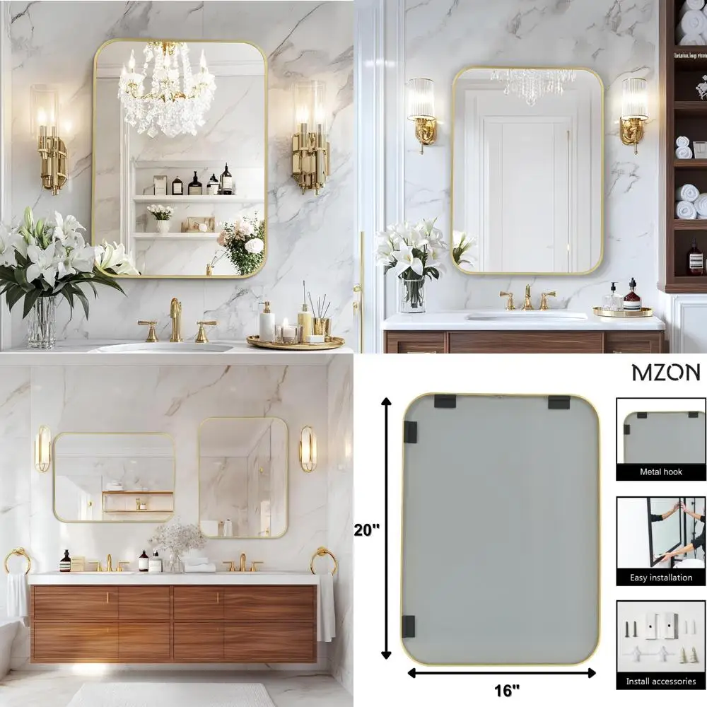 

Rectangle 16x20 Inch Vanity Mirror with Anti-Rust Frame for Bathroom Over Sink, Tempered Glass, Easy Hanging Option