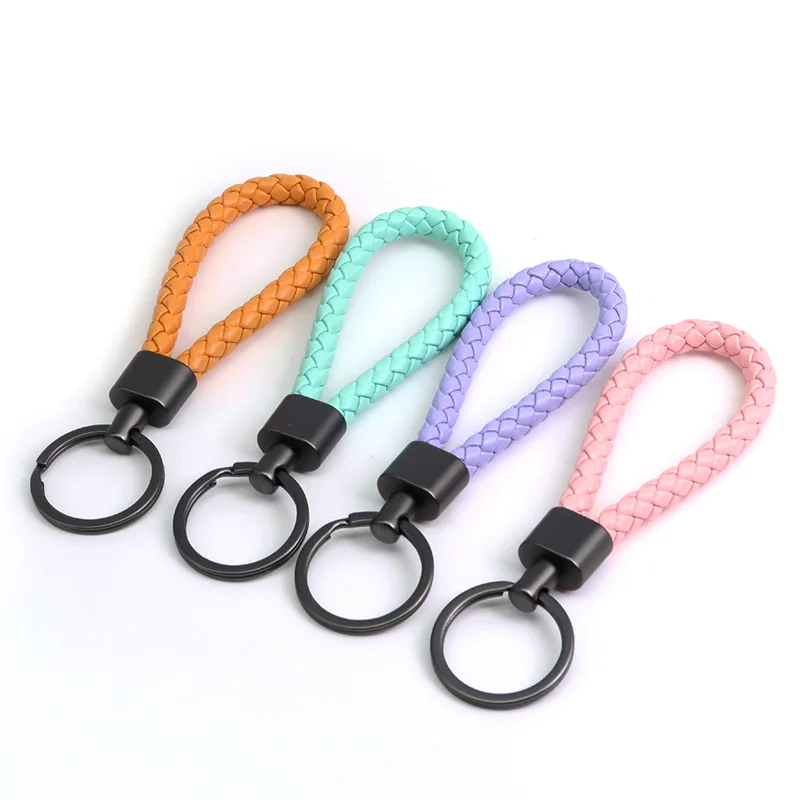 Universal Leather Car Fob Keychain Metal Keyring Woven Strap Braided Rope Key Chain for Women