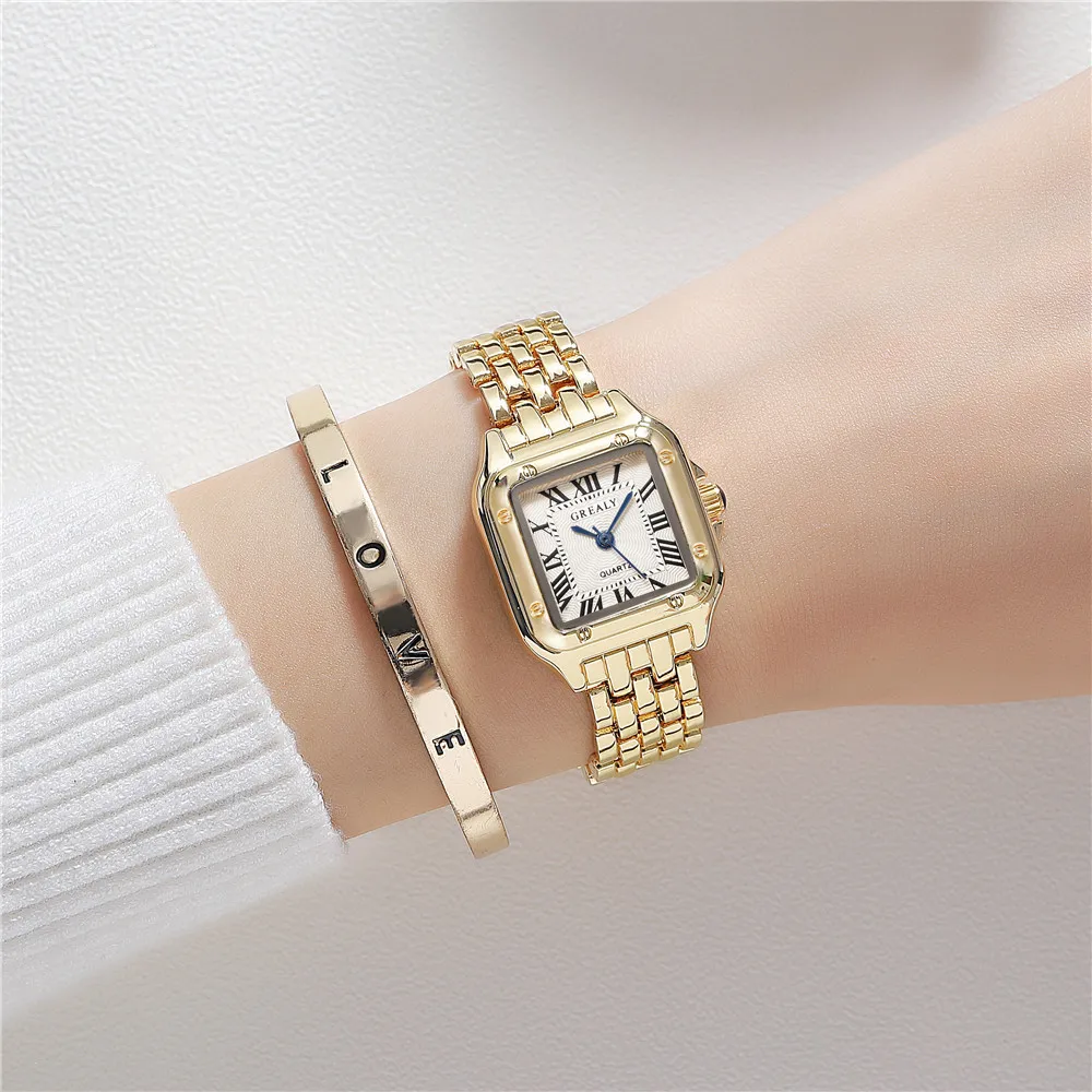 

Women's Fashion Square Watches Gold Alloy Strap 2024 Luxury Ladies Quartz Wristwatches Qualities Female Roman Scale Clock