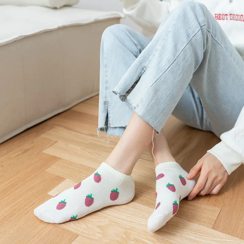 5 par casualowych bawełnianych skarpet damskich wiosna/jesień różowe truskawkowe damskie skarpety śliczne studenckie japońskie koreańskie krótkie skarpetki do kostki — zdjęcie 4
