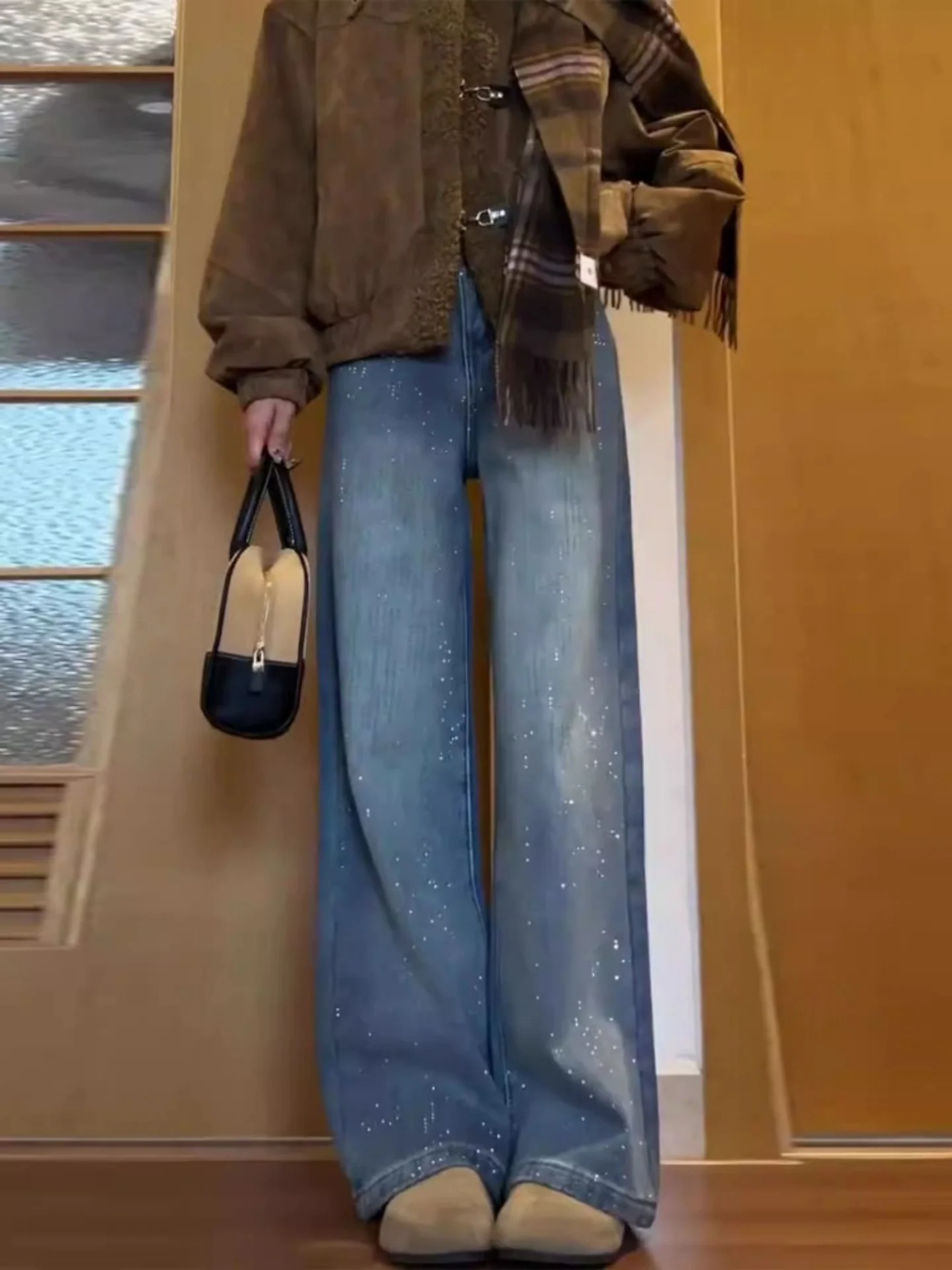 

Retro Blue Slim Fit Fleece Lined Straight Leg Denim Jeans Women's High Waist Slimming Wide Leg Pants Fashionable Spring New A...