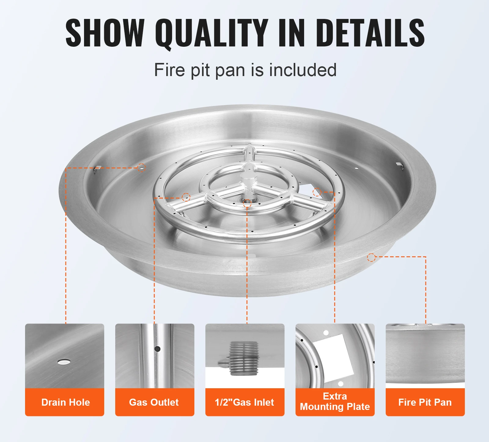 19 inch Round Drop-in Fire Pit Pan Stainless Steel Fire Pit Burner Natural & Propane Gas Pan for 92000 BTU with Lid for Indoor