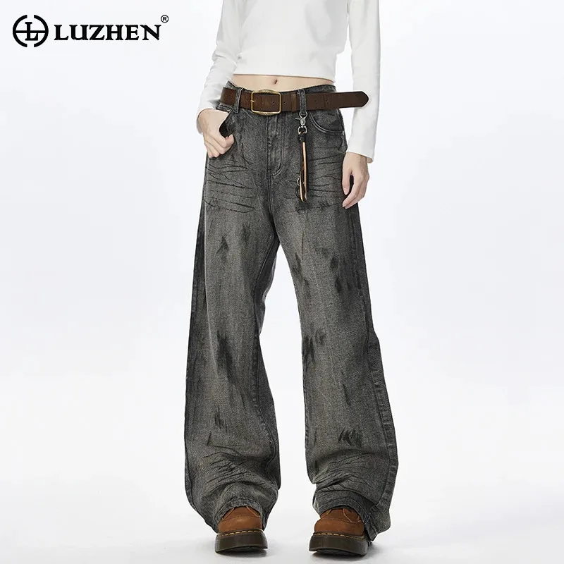 

LUZHEN 2025 новые модные широкие повседневные джинсы с выбросом чернил, мужские оригинальные джинсовые брюки высокого качества в винтажном стиле JY4025
