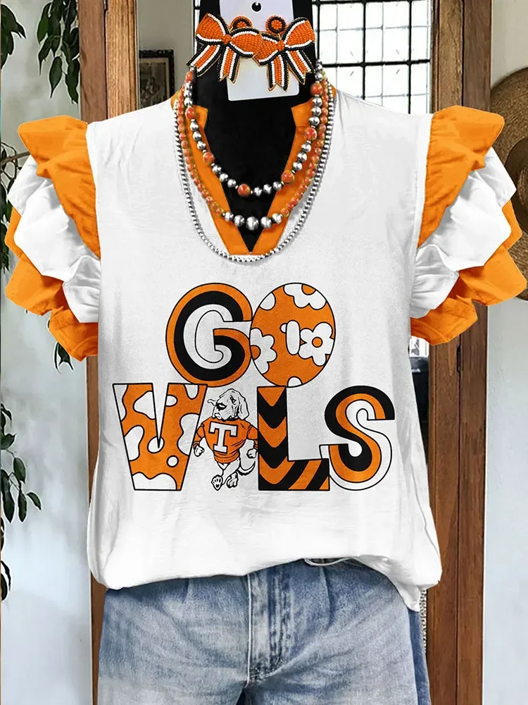 Tennessee Game Day Print Flying Sleeve Top Ruffled  Blouse