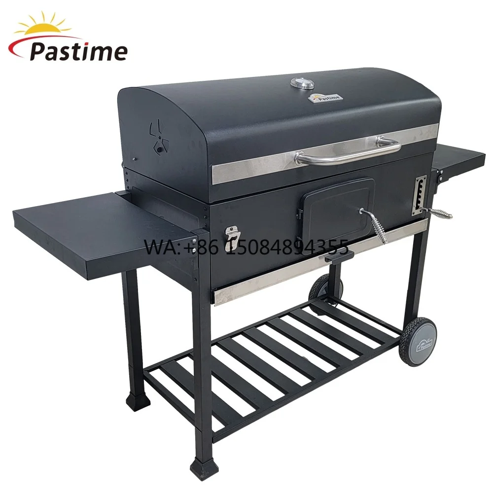 

Modern Powder Coated Steel Large Trolley Charcoal Grill with Adjustable Height and Two Side Shelves for Outdoor Kitchen Use