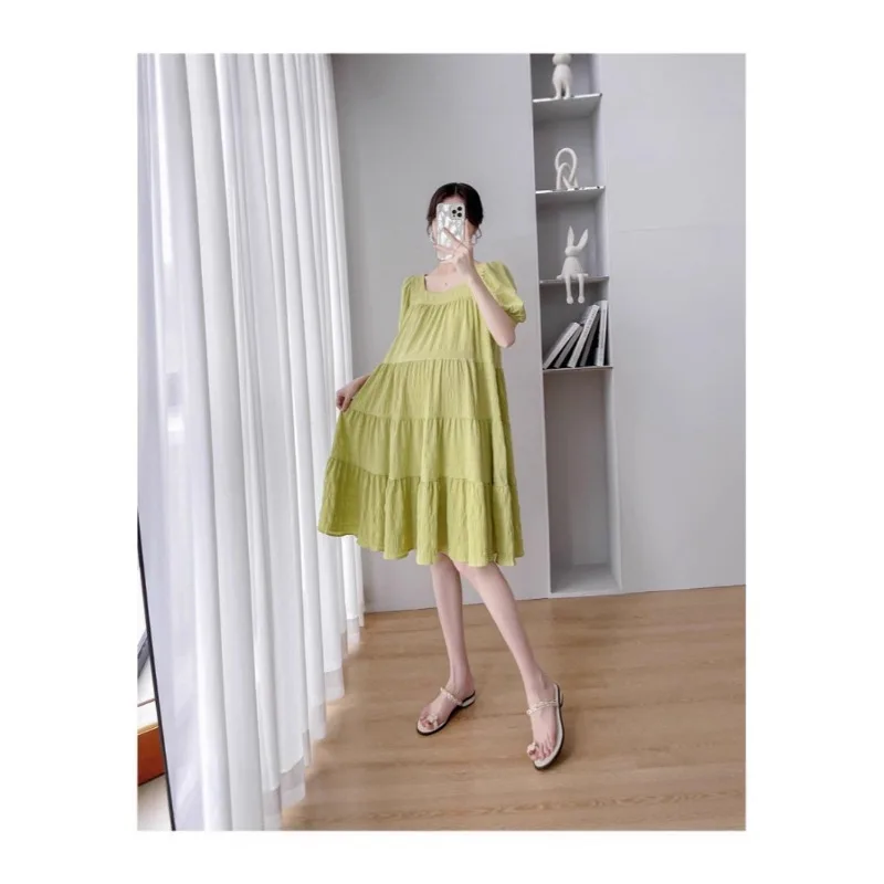 Summer New Korean Version Knee Over Belly Cover Small Fresh Loose Temperament Pleated Pregnant Dress
