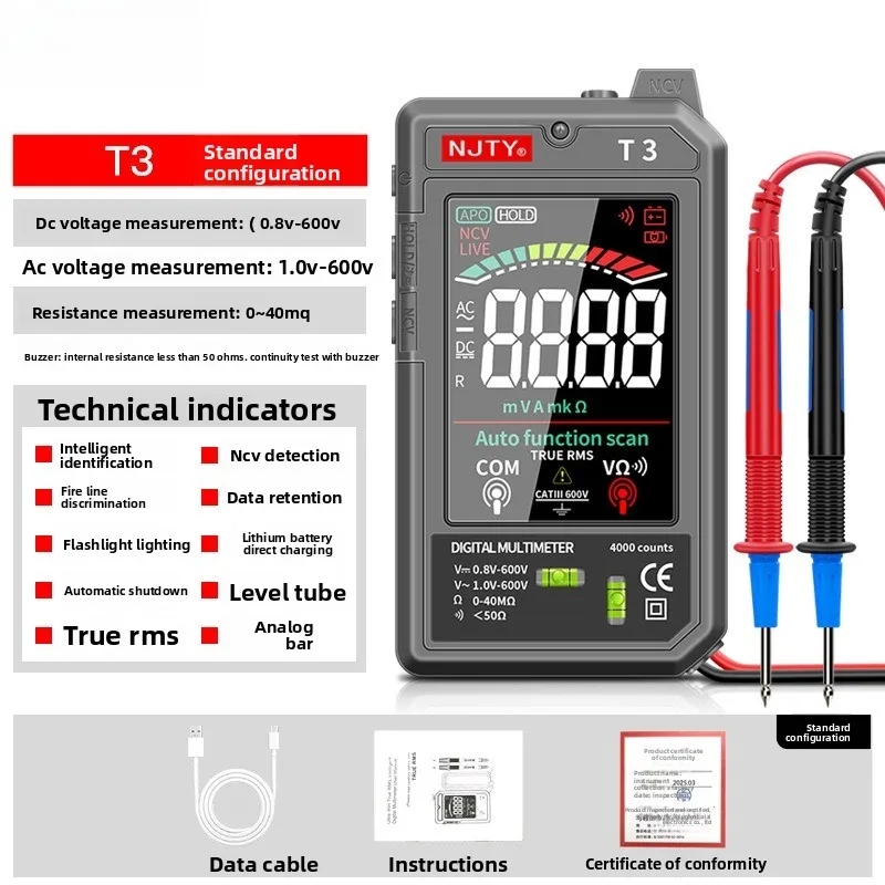 T3 Rechargeable TypeC Fully Intelligent Automatic Identification Mini Digital Multimeter, Free Gear Shift