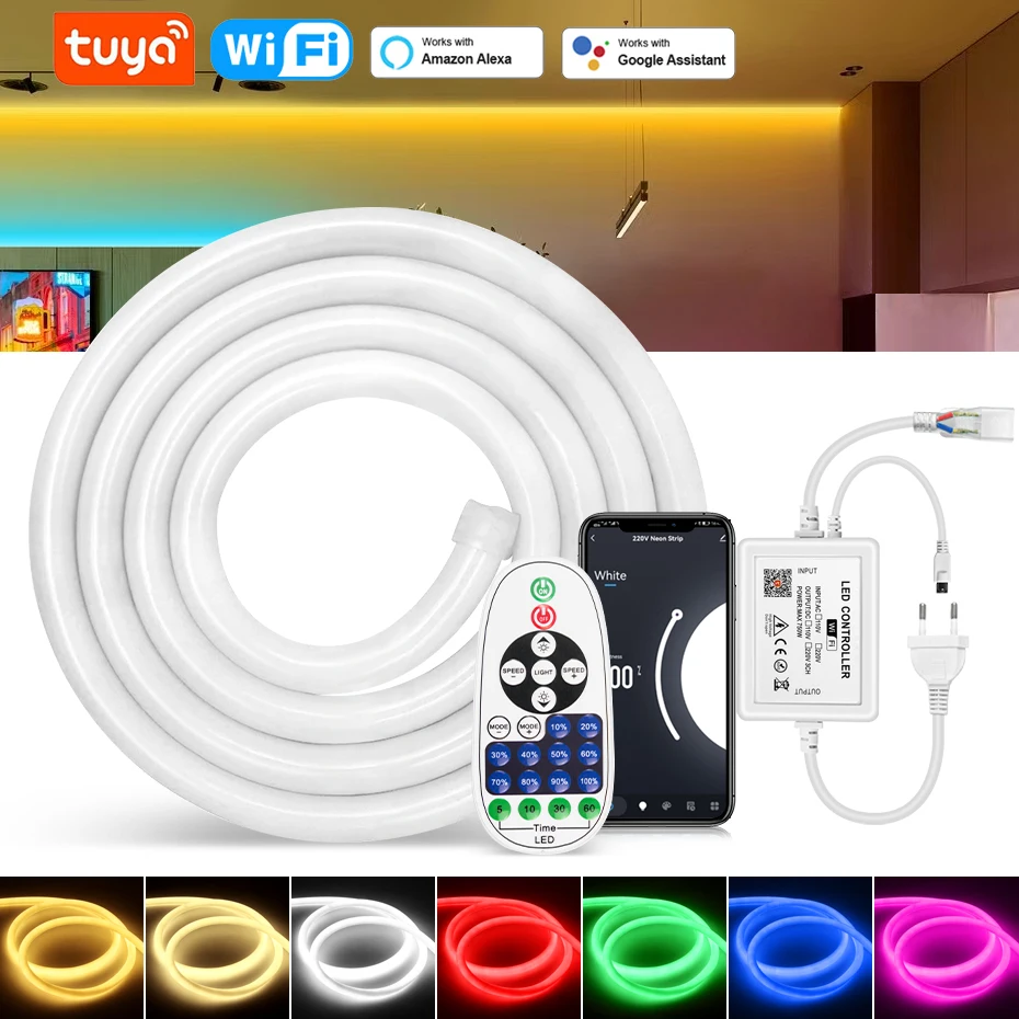 

220V Round Neon Led Strip Light WiFi Bluetooth Inrared Control 5M 10M 20M 50M Waterproof Flexible Neon Tube Lamp Home Decoration