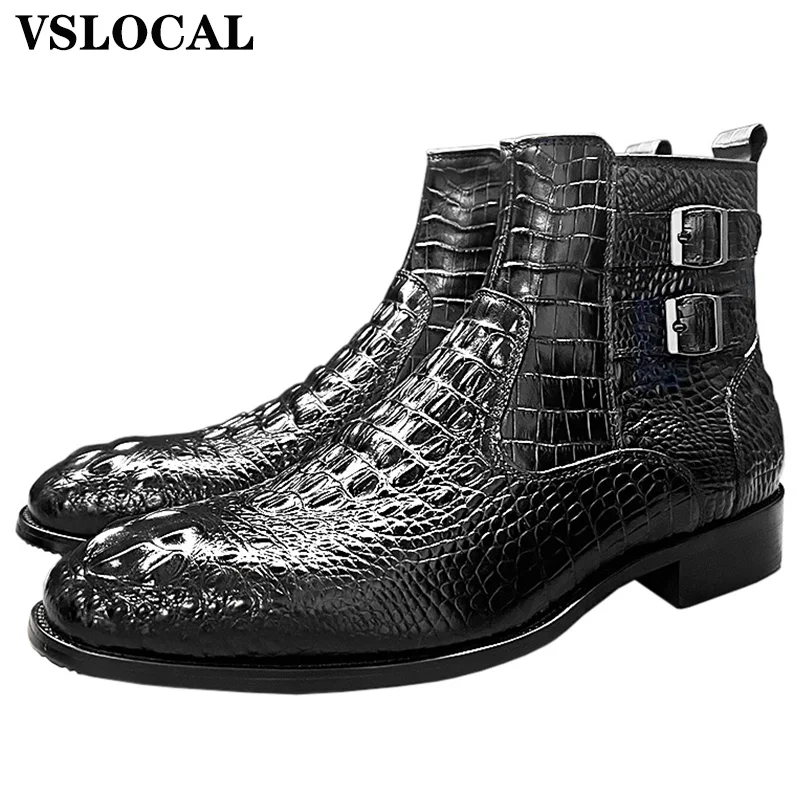 

Luxury Men Ankle Boots Shoes Black Brown Crocodile Printed Zipper Chelsea Double Buckle Genuine Leather Dress Men Boots