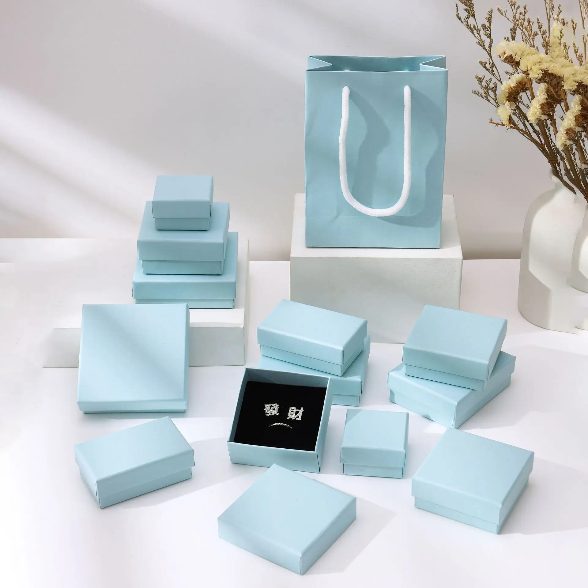 10 قطع ورقة هدية مربع تغليف المجوهرات الكرتون مستطيلة الإسفنج اصطف السماء الزرقاء اللون الكرتون ل قلادة أقراط سوار #4