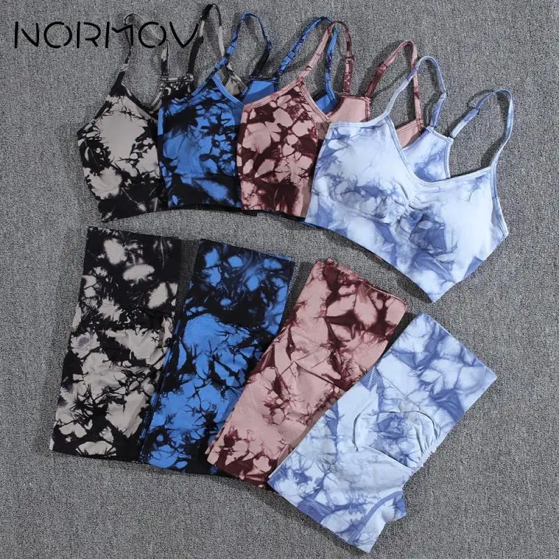 NORMOV Newest Tie Dye Yoga Sets Printing 1/2/3 PCS Gym Set For Women Seamless Leggings Bra Shorts Summer Fitness Outfits