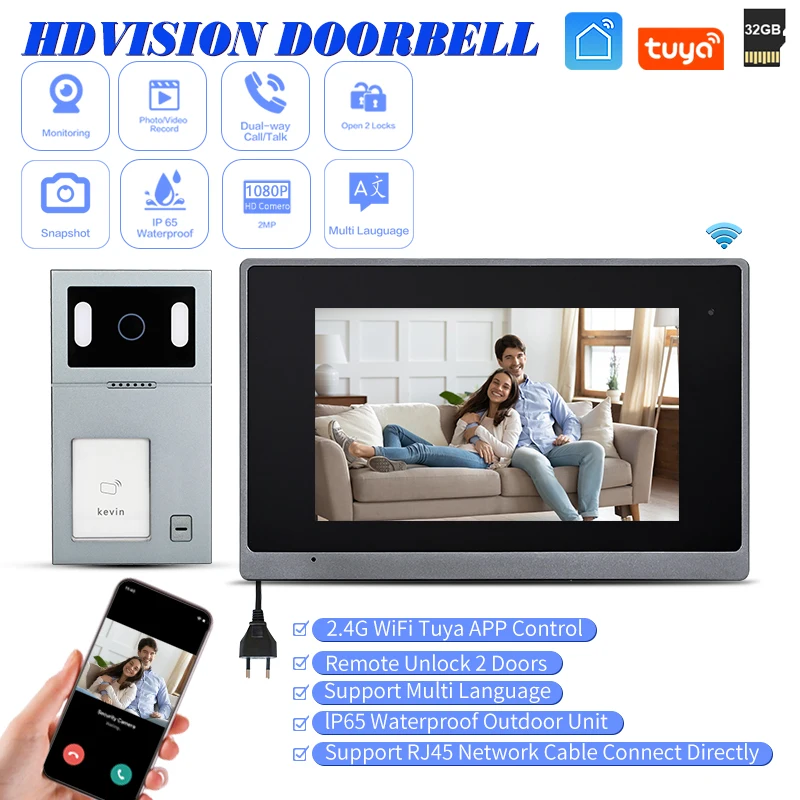 

Markdown Price Tuya Wifi 7 Inch IP Wired System Videocitifono RJ45 Doorbell RFID Card Remote Unlock Video Intercom System