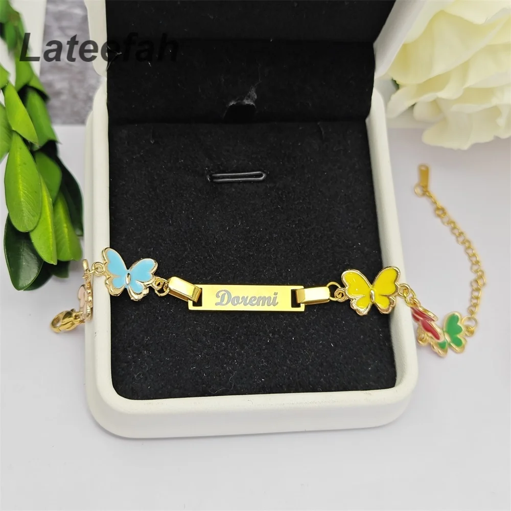 Lateefah Wholesale Custom Kids Engraved Baby Name Blank Bar Bracelet Colorful Enamel Butterfly Charm DIY Name Bracelet