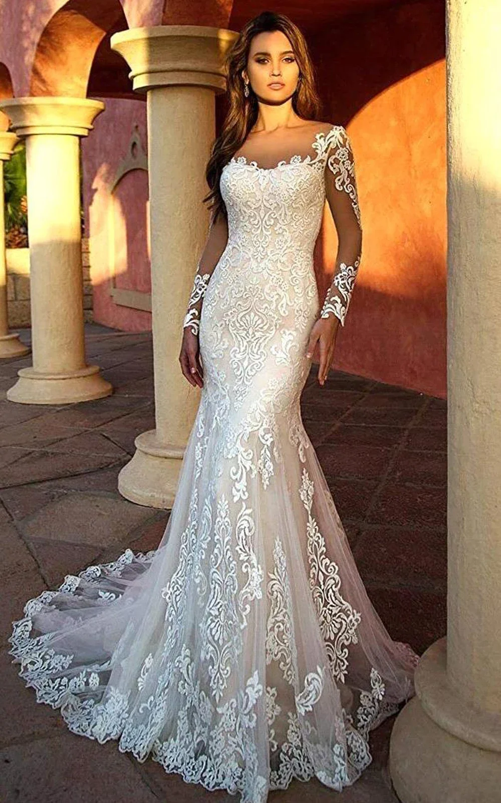 

Customzied Mermaid Wedding Dresses For Women Long Sleeve Bride Gowns Lace Vestidos De Noiva Button Sexy Simple de mariée