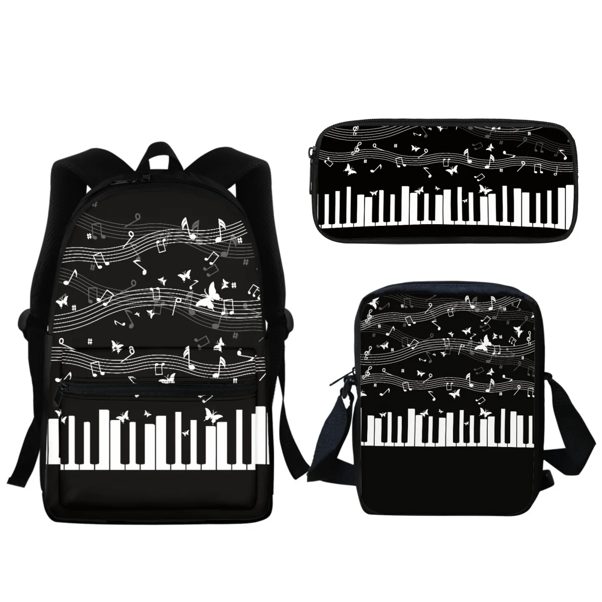 3PC Student School Bag Luxury Piano Key Print Large Capacity Backpack Music Theme Laptop Bag Satchel Pencil Pouch Learning Tool