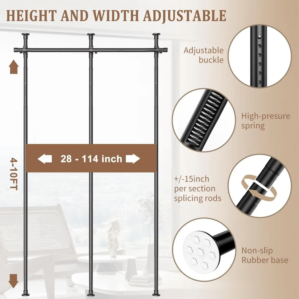 Adjustable Room Divider, No Drilling Curtain Rod for Space Separation, Heavy Duty Freestanding Partition up to 10ft Height