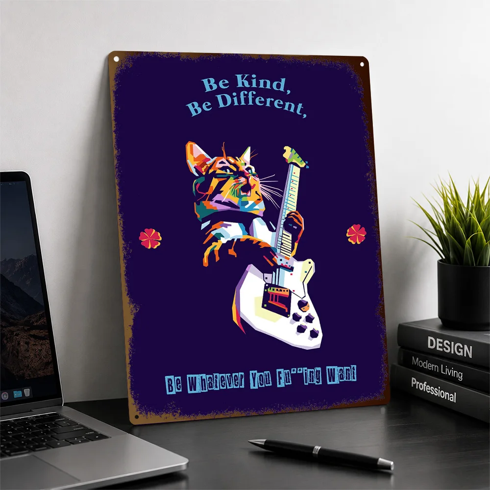 Cat Guitarist Be Kind Quote Textured Metal Poster Punk Wall Art For Home Office Or Study Customized Aluminum Sign Birthday Gift