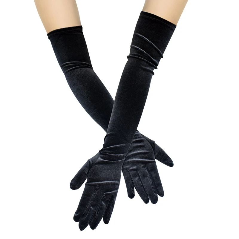 1 par de moda negro clásico adulto terciopelo ópera/codo estiramiento dedo guantes largos brazo cálido mujer vestido de noche etiqueta guantes