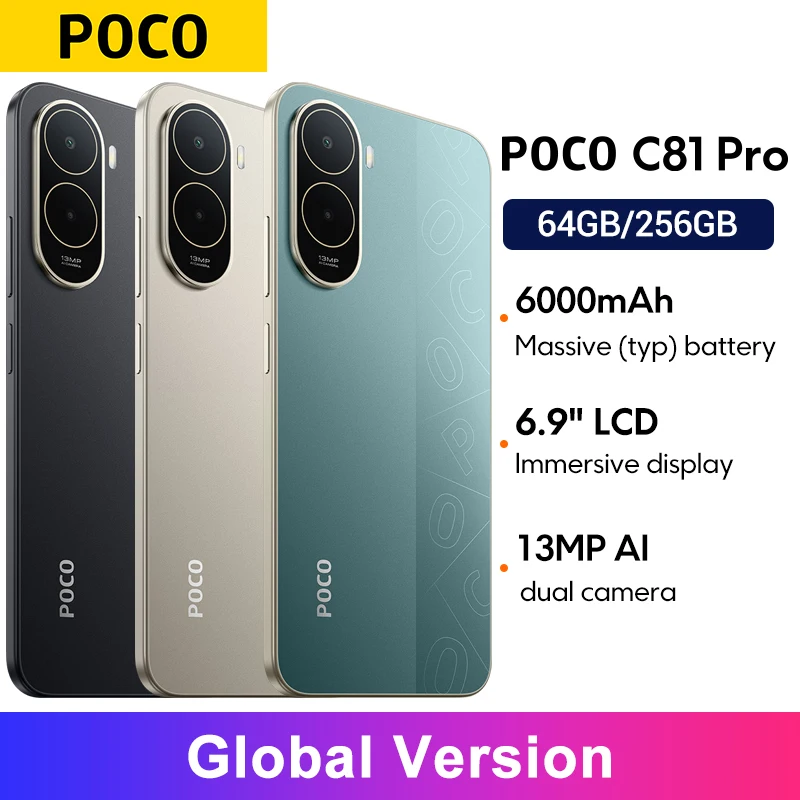 Versión Global del teléfono inteligente POCO C81 Pro con procesador UNISOC T7250, pantalla LCD de 6.9 pulgadas, cámara principal de 13MP, 6000mAh, NFC y entrada para auriculares de 3.5mm.