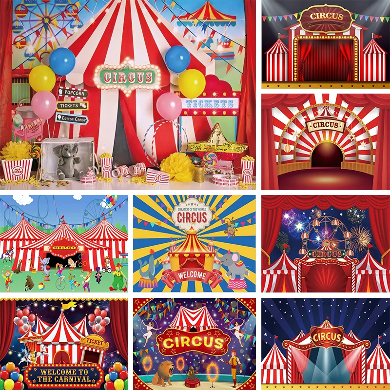 

Backdrop Circus Party Decoration Girl Boy 1 Year Birthday Photo Background Carnival Tent Smash Cake Newborn Photography Banner