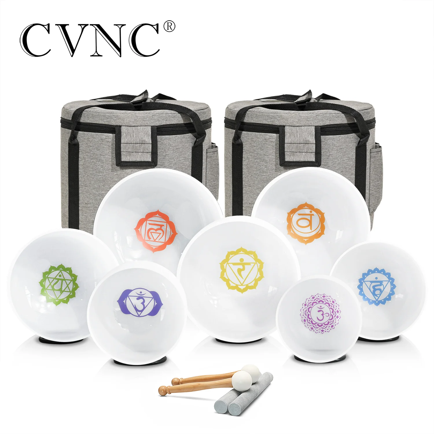 CVNC 432HZ 7-12 Inch Chakra Symbol Design Frosted Quartz Crystal Singing Bowl with 2 PCS Travel Carry Bags for Sound Healing