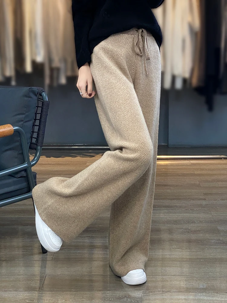 Autumn and Winter New Women\'s Knitted Herringbone Pattern Pants Casual Loose Wide Leg Pants 100% Merino Wool Pants Fashion Korea