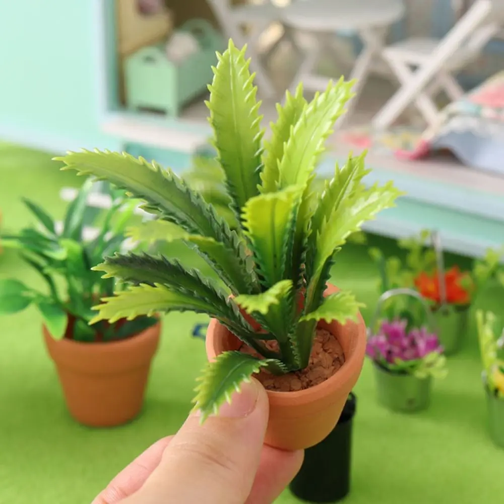 1:12 Scale Dollhouse Plant Potted Floral Basket Green Leaves Miniature Green Plant Artificial Micro Landscape Miniature Greenery