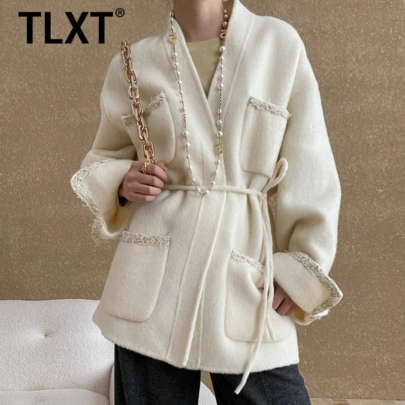TLXT 女性のベルトギャザーウエストウールブレザー女性のための V ネックオフィスレディ厚く暖かい緩い生き抜く 2025 冬の新 XK1020