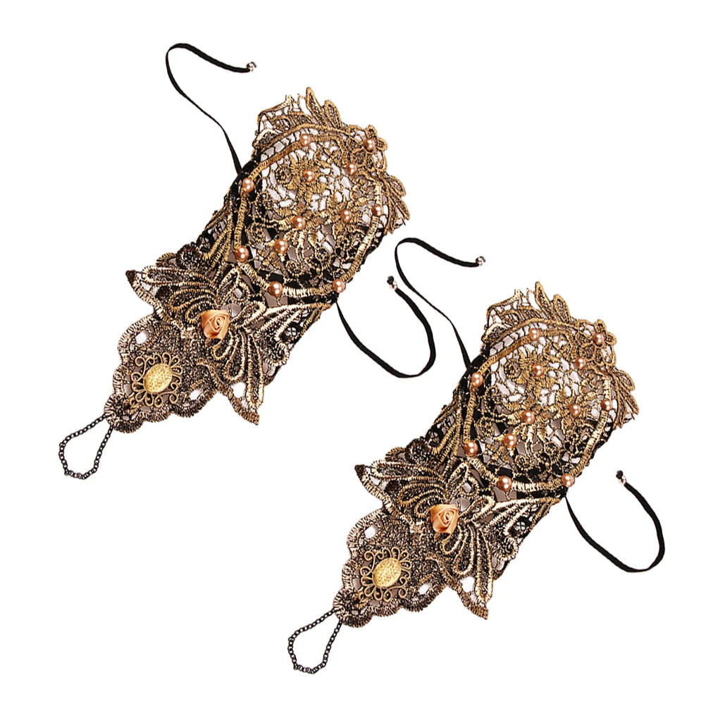

2pcs Pearl Glove Chain Fingerless Women Cuff Bracelets Lace Festival Anklet Renaissance Gloves Gothic Arm Sleeves Prom