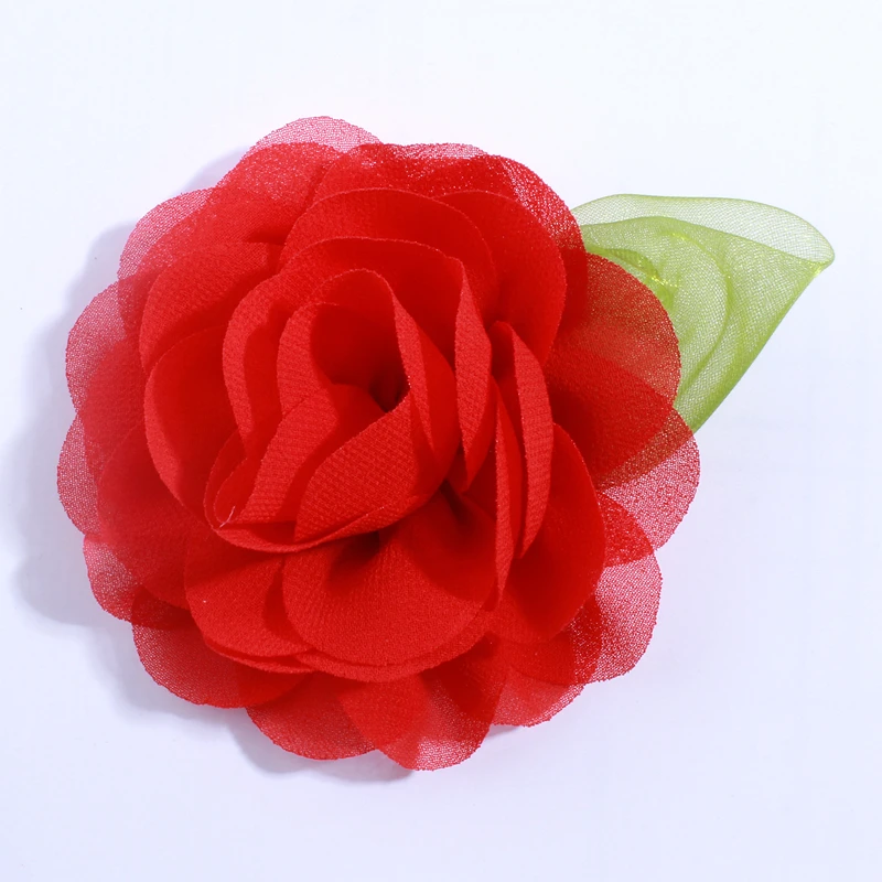 10 STKS 8.5 CM Mode Chiffon Stof Bloem Met Groen Blad Voor Trouwjurk Decoratie Kunstbloemen Voor Huwelijksuitnodiging