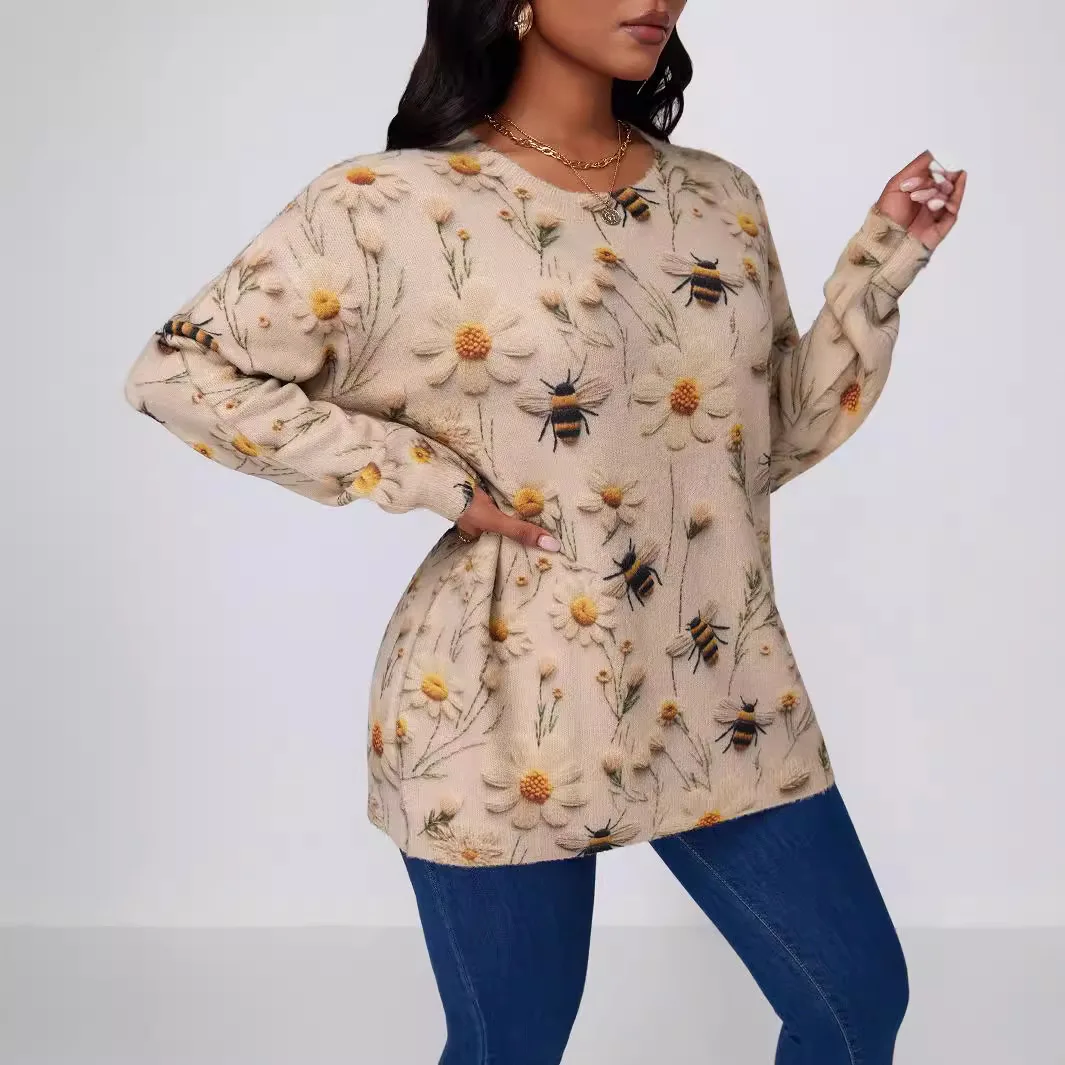 

Осень-зима, свободный женский свитер с принтом пчелы, большой размер, круглый трикотаж Ne Long Sve, повседневный топ Faion Ladies irt