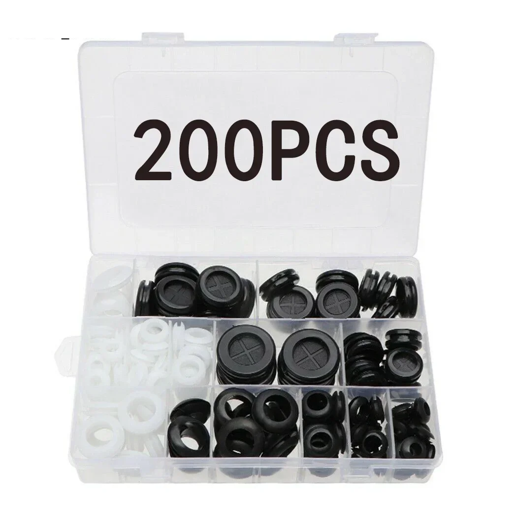 200pcs Boxed Black and White Mixed Perforated Guard Coil Hydraulic Grommet Set Surge Protectors Blanking Open Closed Blind