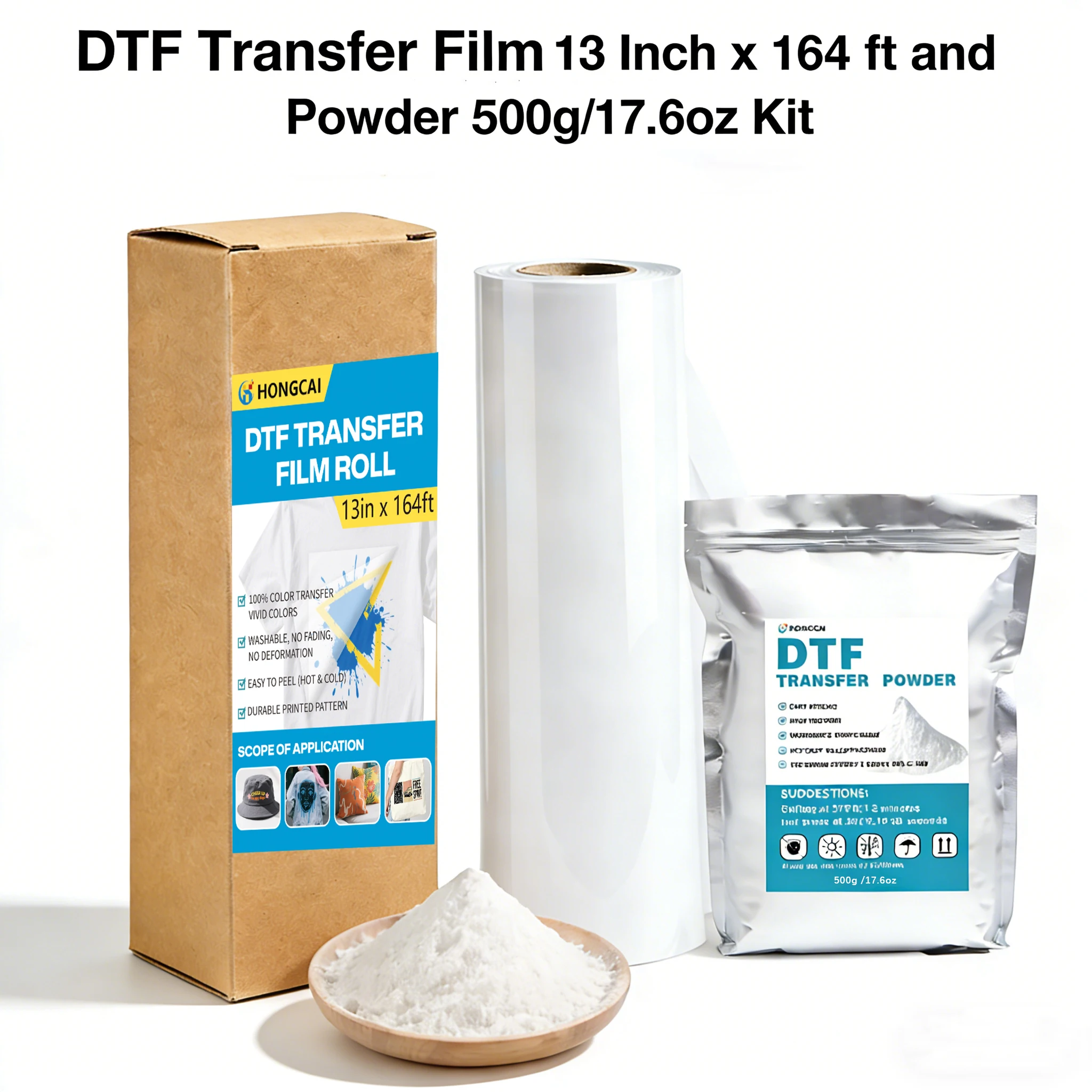 

Пленка для DTF-печати 13 дюймов x 164 фута и порошок 500 г/17,6 унций, комплект, подходит для DTF-струйных принтеров, холодное и горячее отслаивание