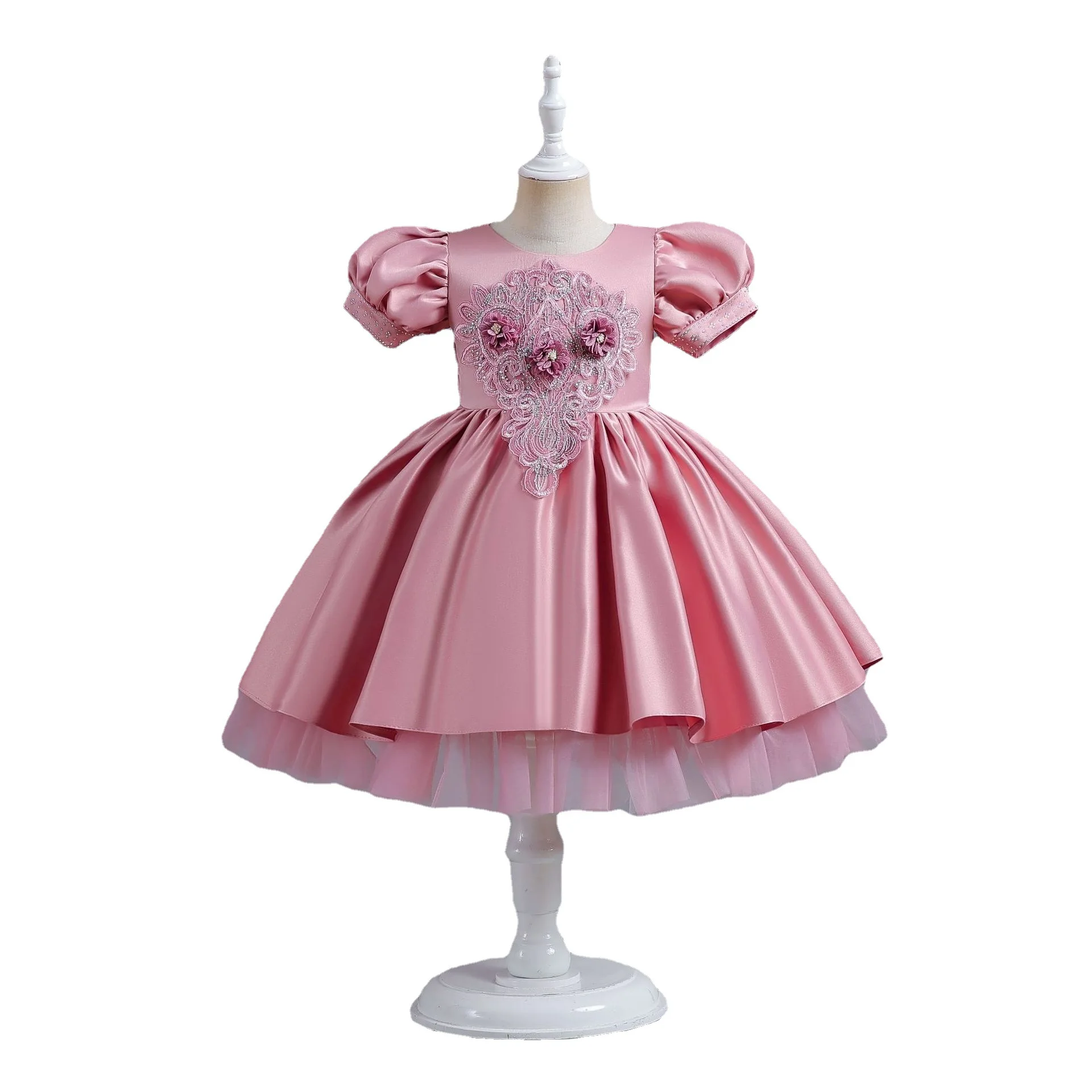 Sweet Memory Children's Dresses Flowers Bubble Sleeve Princess Dresses Little Girl Wedding Party Dress Runway Show Dresses