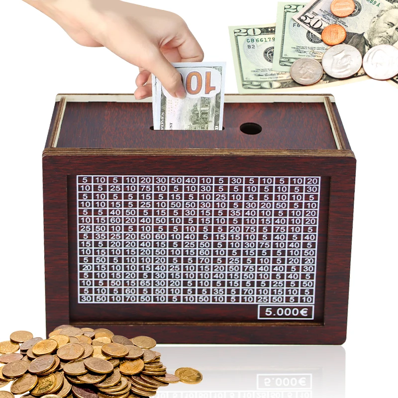 DIY Money Box Wooden Piggy Bank Cash Vault Saving Challenge Box Money Saving Box 1000/2000/3000/5000/10000 Euro Cash Coin Case