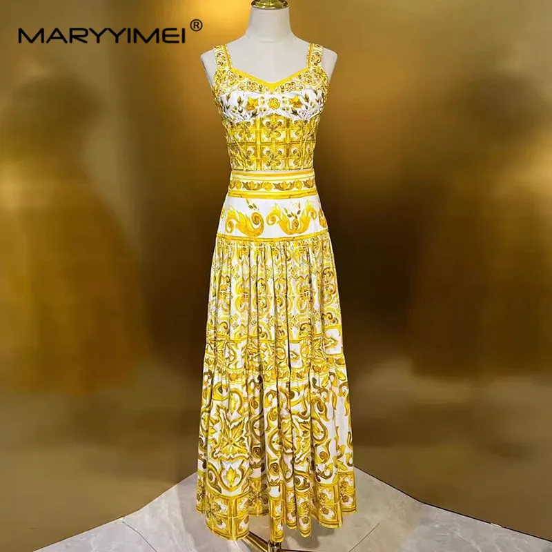 MARYYIMEI Fashion Summer Women's Suit Spaghetti Strap Backless Tops+Pleated Skirt Elegant Baroque Print Cotton Two Piece Set