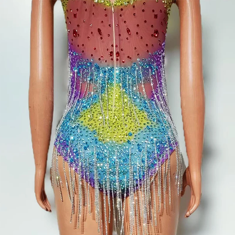 Bunte Strass Fransen Body Frauen Party Jazz Dance Kleidung Bar Dj Ds Party Drag Queen Outfit Gogo Kostüm XS9550