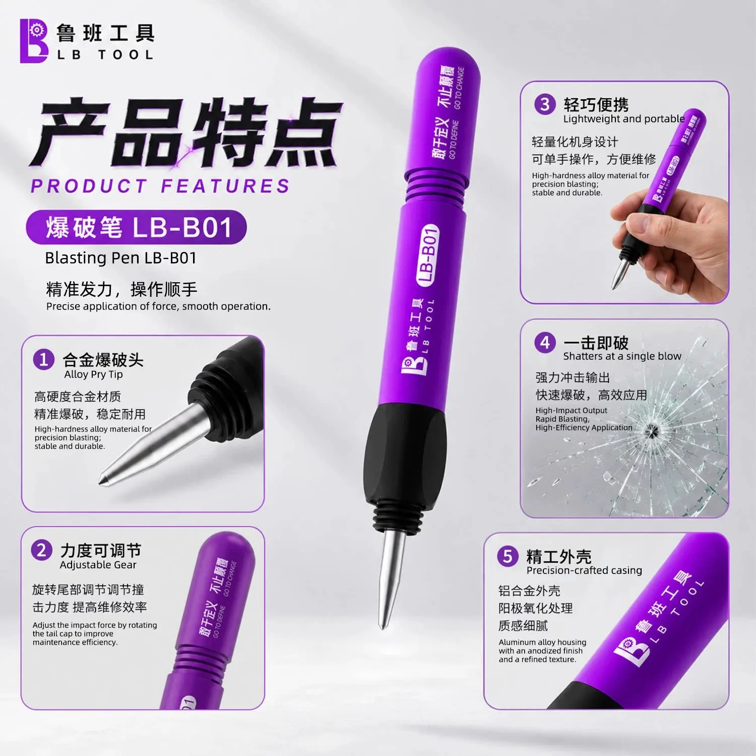 LB-B01 One-Click Blast Pen Rear Glass Breaker Phone Screen Frame Removal Back Cover Shattering Repair Tool