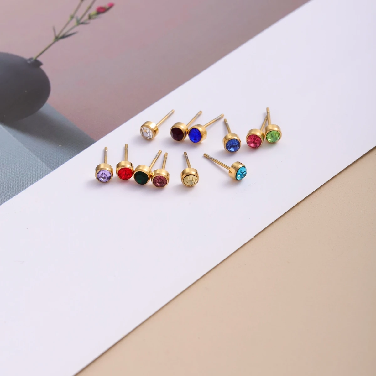 Trendy Colorful Zircon Inlaid Birthstone Tiny Stud Earring Stainless Steel 18k Gold Plated Glaring Earrings for Women