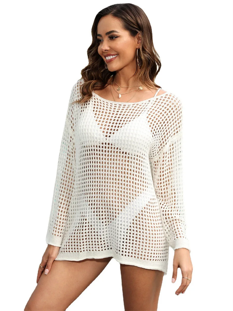 Copricostume da spiaggia lavorato a maglia all'uncinetto da donna, manica lunga, tunica Boho, copricostume leggero, costume da bagno estivo, top trasparente