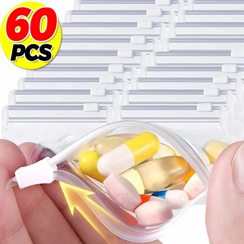 5/60PCS Kleine zelfsluitende doorzichtige zak Pillendispenserzakken Portable Jewel Pouch met glijdende ritssluiting Waterdichte reisopbergzakken