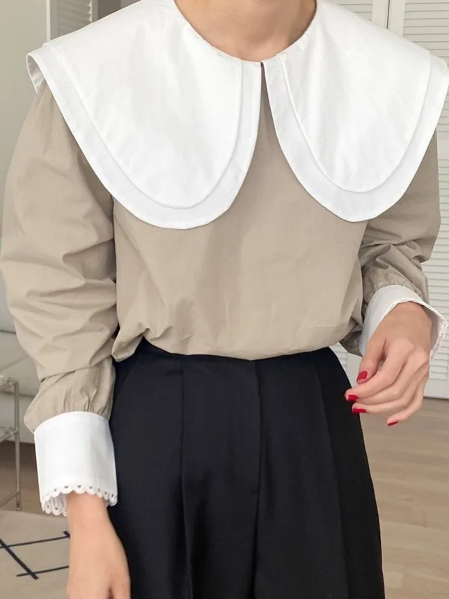 

Faionable Lace Splice Design Overhead irt Women's Doll Collar irt Korean Sle Loose Fit Long Sve Polyester Fiber